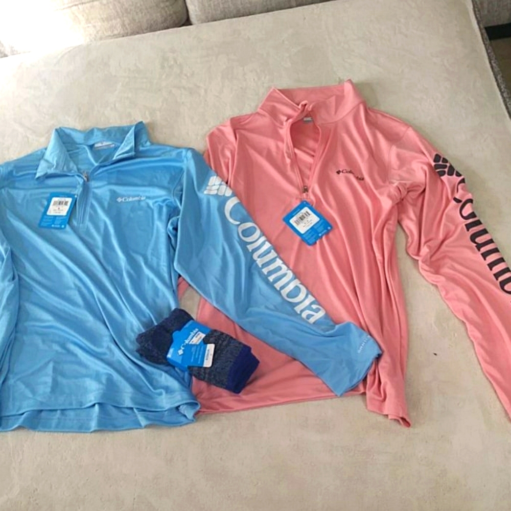 Two athletic pullover tops and pack matching sox
